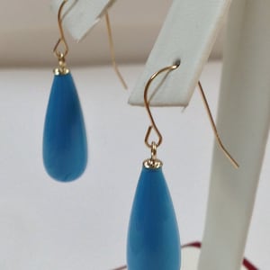 Turquoise Dangle Earrings Solid 14kt Yellow Gold