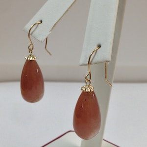 Natural Peach Moonstone Dangle Earrings Solid 14kt Yellow Gold