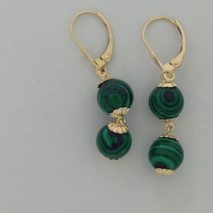Malachite Dangle Earrings Solid 14kt Yellow Gold