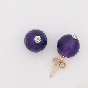 Natural Amethyst and Natural Diamond Earrings Solid 14kt Yellow Gold