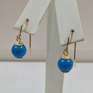 Sleeping Beauty Turquoise Dangle Earrings Solid 14kt Yellow Gold