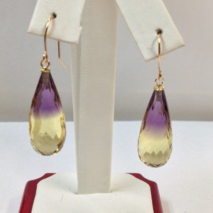 Natural Ametrine Dangle Earrings Solid 14kt Yellow Gold