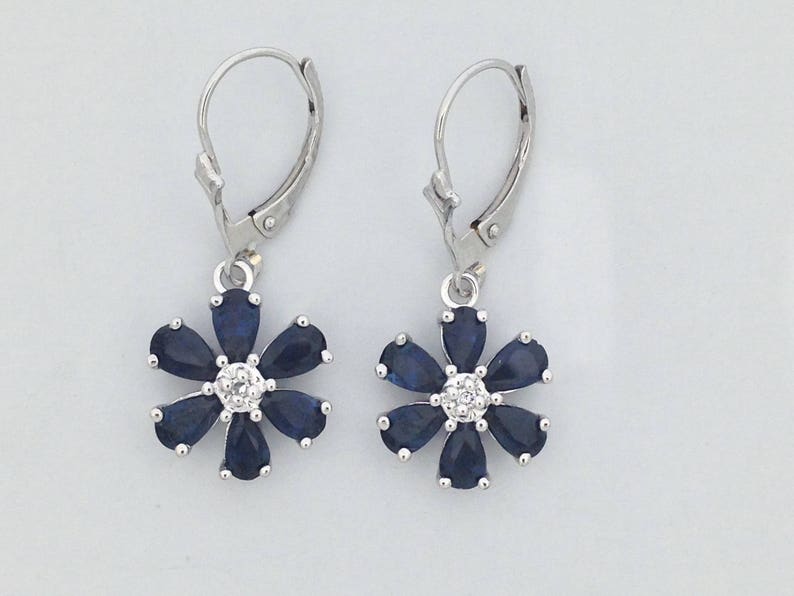 Natural Sapphire with Natural Diamond Dangle Earrings Solid 14kt White Gold