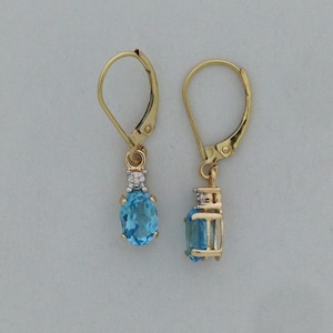 Natural Blue Topaz with Natural Diamond Dangle Earrings Solid 14k Yellow Gold. Birthstone