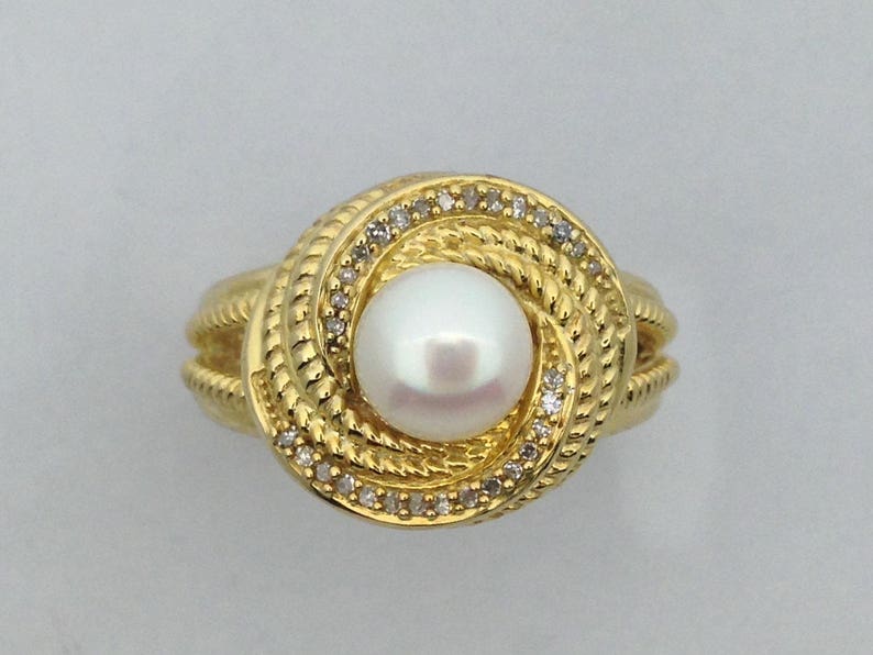 Cultured Freshwater Pearl with Natural Diamond Ring 925 Sterling Silver Yellow Gold Plated