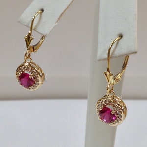 Natural Ruby with Natural Diamond Earrings Solid 14kt Yellow Gold