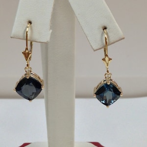 Natural London Blue Topaz Earrings Solid 14kt Yellow Gold