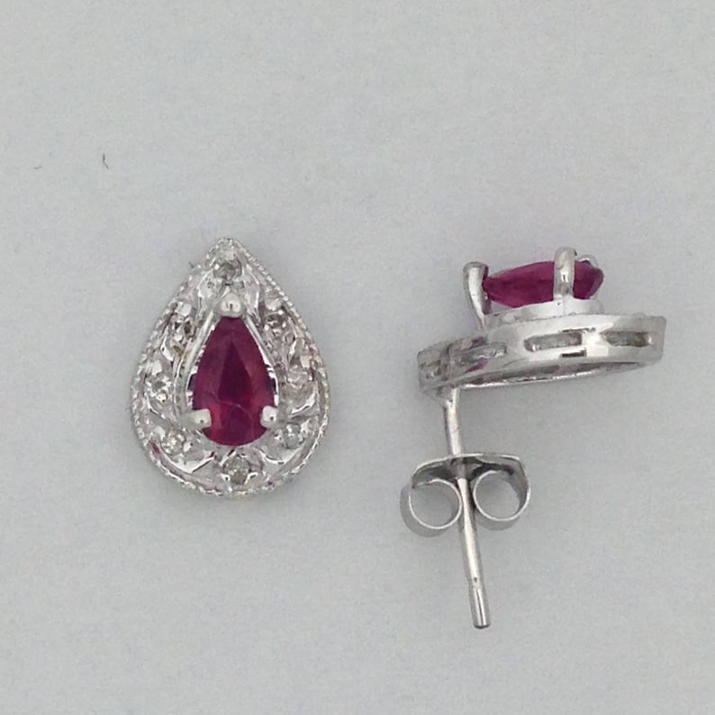 Natural Ruby with Natural Diamond Cluster Earrings Solid 14kt White Gold