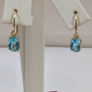 Natural Blue Topaz Dangle Earrings Solid 14kt Yellow Gold