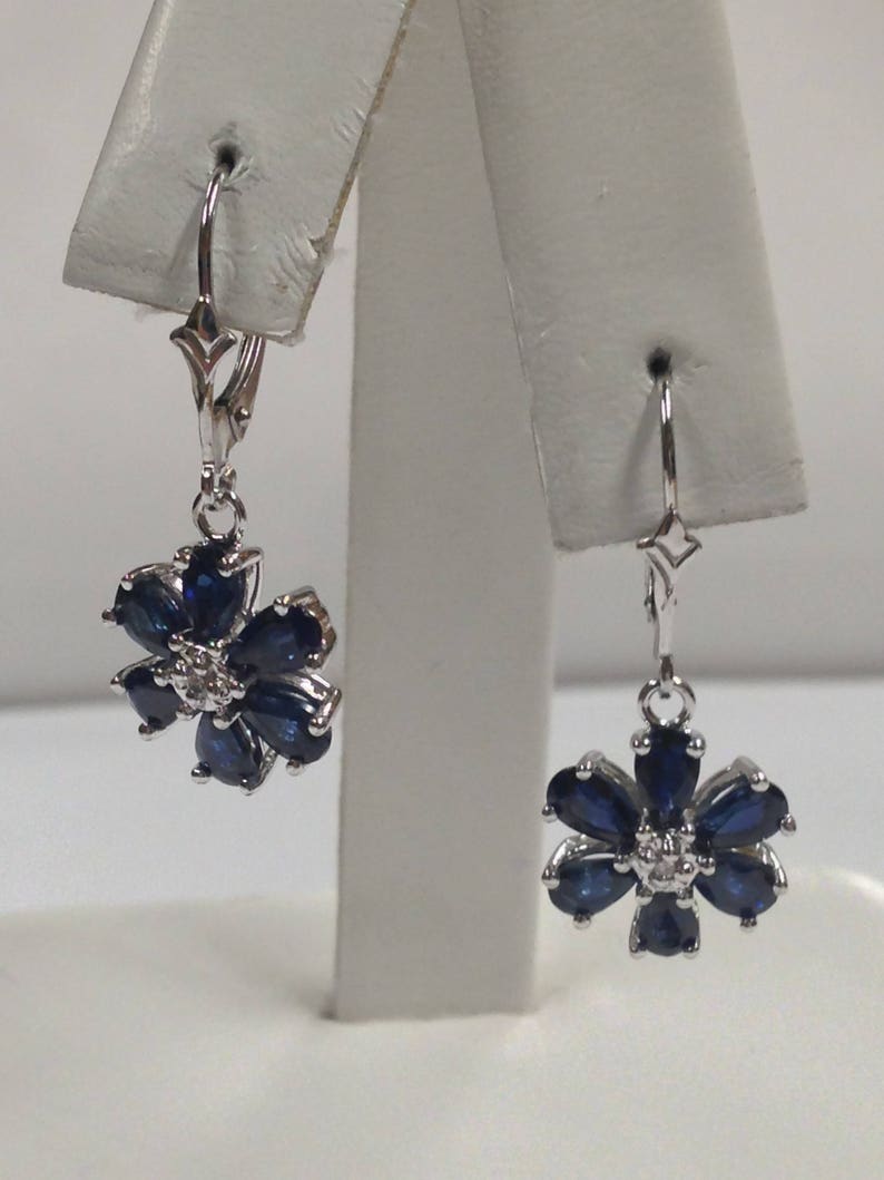 Natural Sapphire with Natural Diamond Dangle Earrings Solid 14kt White Gold