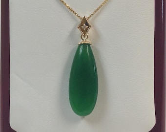 Jade & Diamond 14kt Yellow Gold Pendant, Sterling Silver Chain