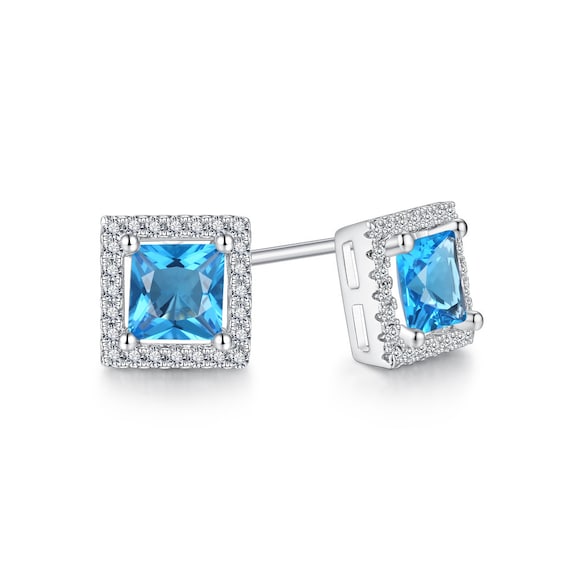 Blue Topaz With White Sapphire Stud Earrings in Rhodium  White Rhodium Blue Sapphire Post Earrings main image 0