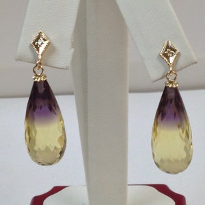 Natural Ametrine with Natural Diamond Dangle Earrings Solid 14kt Yellow Gold