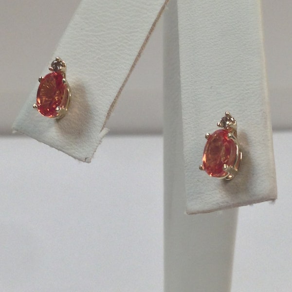 Natural Padparadscha Sapphire with Natural Diamond Earrings Solid 14kt Yellow Gold