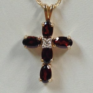 Cross Pendant with Natural Garnet & Natural Diamond Solid 14kt Yellow Gold