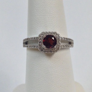 Natural Garnet with White Sapphire Ring 925 Sterling Silver. January Birthstone