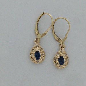 Natural London Blue Topaz with Diamond Earrings Solid 14kt Yellow Gold