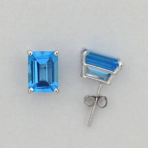 Natural Blue Topaz Stud Earrings Solid 14kt White Gold