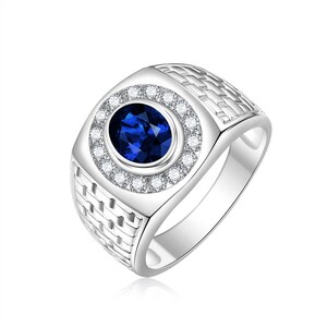 Created Blue Sapphire with Created White Sapphire Mens Ring Rhodium Plated Brass