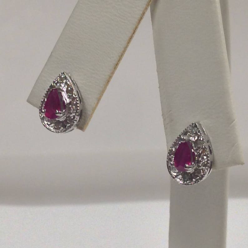 Natural Ruby with Natural Diamond Cluster Earrings Solid 14kt White Gold
