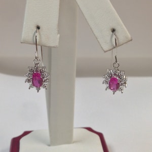 Natural Pink Sapphire with Natural Diamond Earrings Solid 14kt White Gold