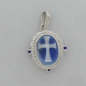 Natürliches Blaues Achat-Kreuz mit Natürlicher Amethyst Kamee Anhänger 925 Sterling Silber