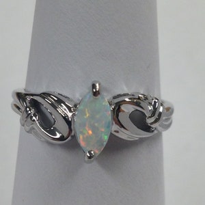 Marquise Cut Created Opal Solitaire Ring 925 Sterling Silver. October Birthstone