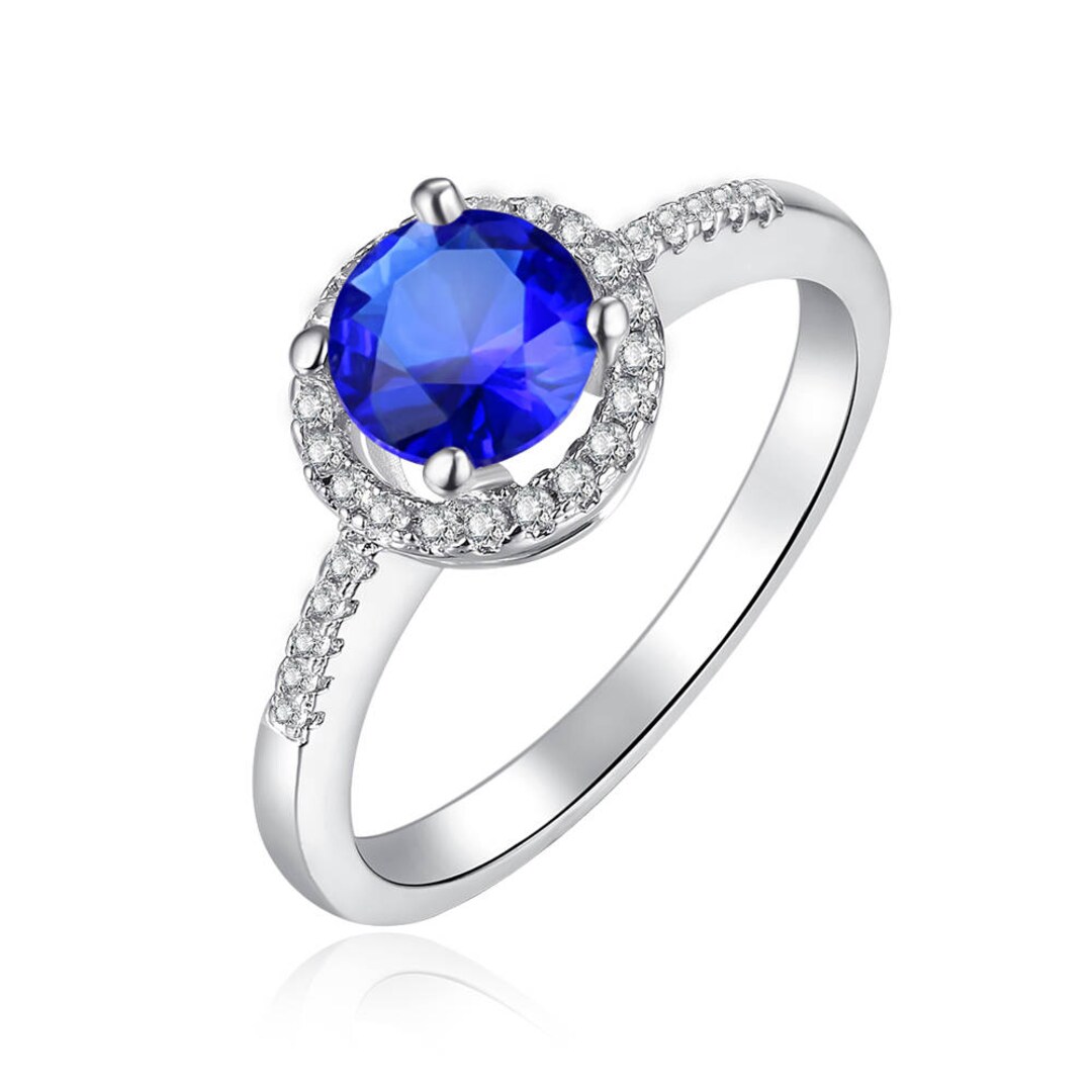 Blue Sapphire With Created White Sapphire Ring in Rhodium - Etsy