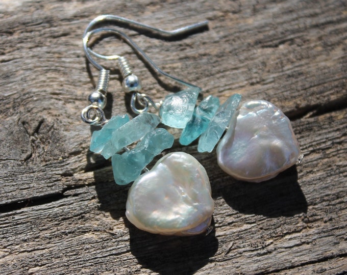 Dangle Silver Earrings Beach Wedding Bride Earrings Blue Apatite Earrings Bridesmade Gift Women Present Pearl Earrings Christmas Gift