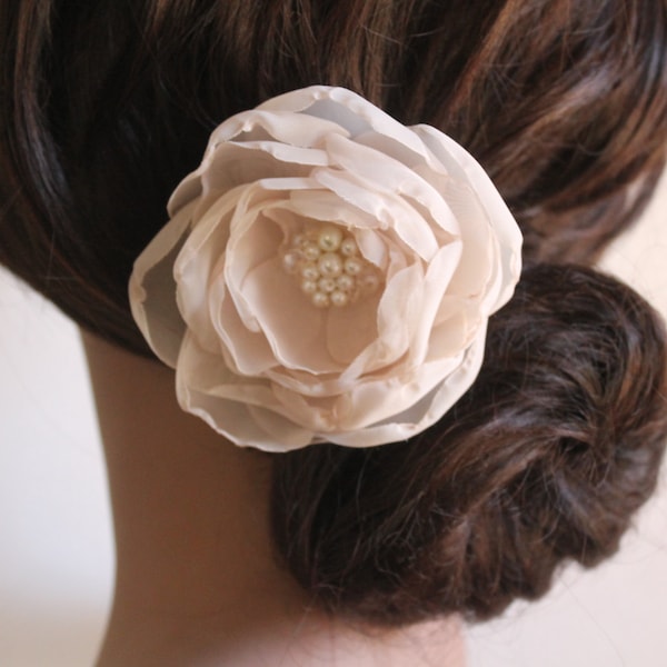 Bridal Blush Flower Hair Fascinator, Hair Clip with Pearls and Crystals Wedding Accessories