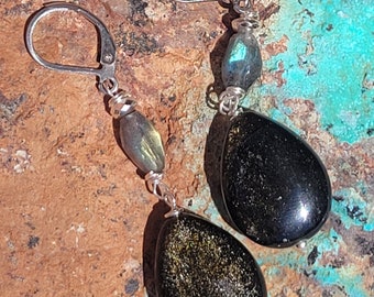 Gold sheen obsidian earrings, flashy labrodorite earrings for women gift, silver dangle earrings