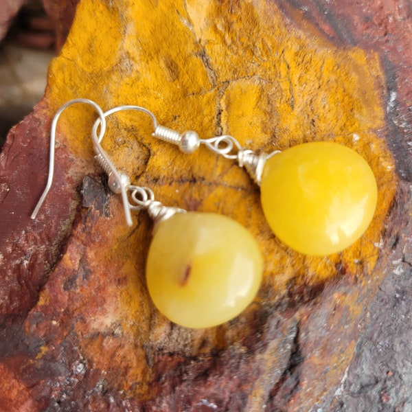 Yellow Jade Earrings,  Natural Stone Jade Earrings,  Silver Wired Earrings, Women Gift, Crystal Stone Jade Dangle Earrings