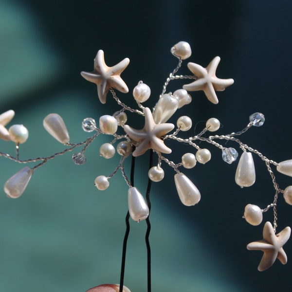 Wedding Beach Starfish Sea Shells Pearls Crystals, Bridal Hair Piece, Bridal Pin, Bridal Comb, Wedding Headpiece