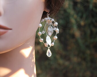 Blatt Perle Ohrringe, Braut Kristall Ohrringe, lange Silber Blume Ohrringe, Boho Braut, Sterling Silber, Strand Hochzeit