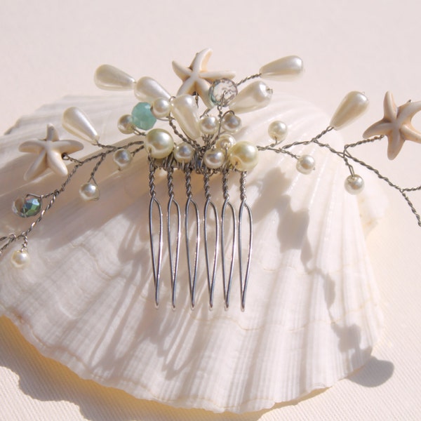 Wedding Beach Starfish Sea Shells Pearls Crystals, Bridal Hair Piece, Bridal Comb, Wedding Headpiece, Destination Wedding, Beach Wedding