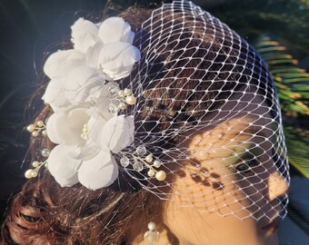 Bridal Bandeau Birdcage Veil, Bridal Hair Piece,  Flower Clips, Crystal Brunches, Wedding Set, Ivory, White, Cream Colors