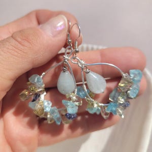 Aquamarine Apatite Peridot Crystals Dangle Earrings, Silver Hooks Earrings, Natural Gemstones Earrings, Women Gift, Gift for Her