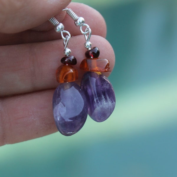 Amethyst Amber Garnet Gemstone Earrings, Purple Red Faceted Natural Gems, Women Jewelry, Christmas gift for her, Beach Jewelry