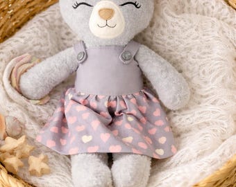 Handmade Teddy Bear Doll with Dress, 15 Inch Gray Fleece Bear, Baby Shower Gift, Toddler Plush Toy, Nursery Decor, Girl Gift