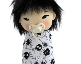 Glow-in-the-Dark Spider Doll: Handmade Halloween Swaddle Baby, Asian doll, Halloween doll