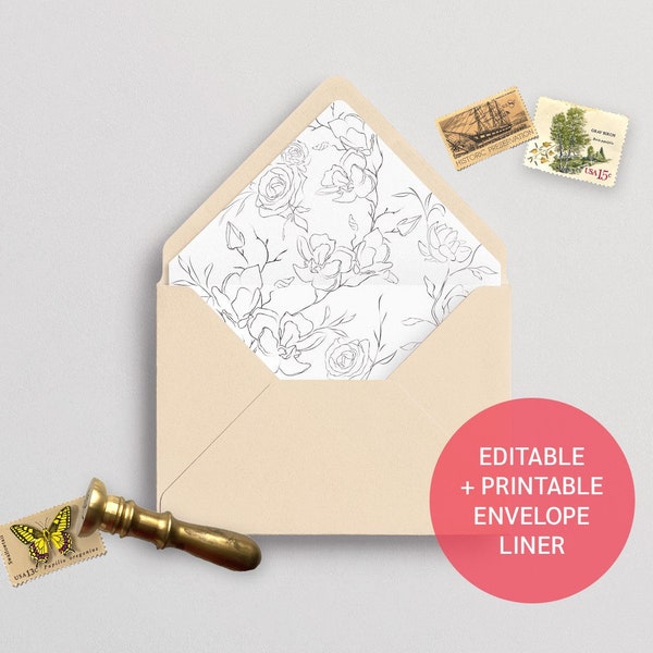 Editable Colors Floral Sketch Envelope Liner Template | Download printable envelope liner | Change colors!