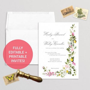 Plantilla de tarjeta de invitación de boda de buganvilla de limón de Italia / Descargar tarjeta de invitación de boda imprimible