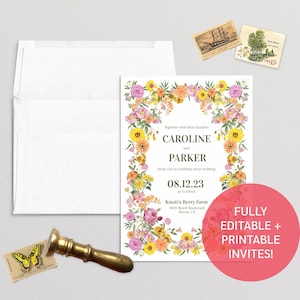 Modèle de carte d'invitation de fleurs roses, oranges et jaunes | Télécharger la carte d'invitation de mariage imprimable