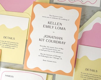 Retro Squiggle Wedding Invitation Set: Wavy Pastel Invites