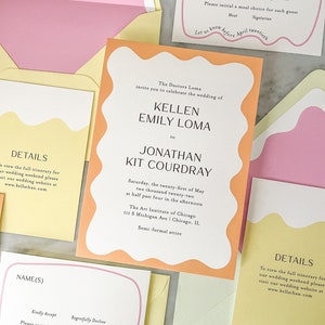 May include: A peach and yellow wedding invitation with a wavy border. The invitation reads "The Doctors Loma invite you to celebrate the wedding of Kellen Emily Loma to Jonathan Kit Courdray" and includes the date, time, and location of the wedding. The invitation also includes the text "Semi-formal attire".