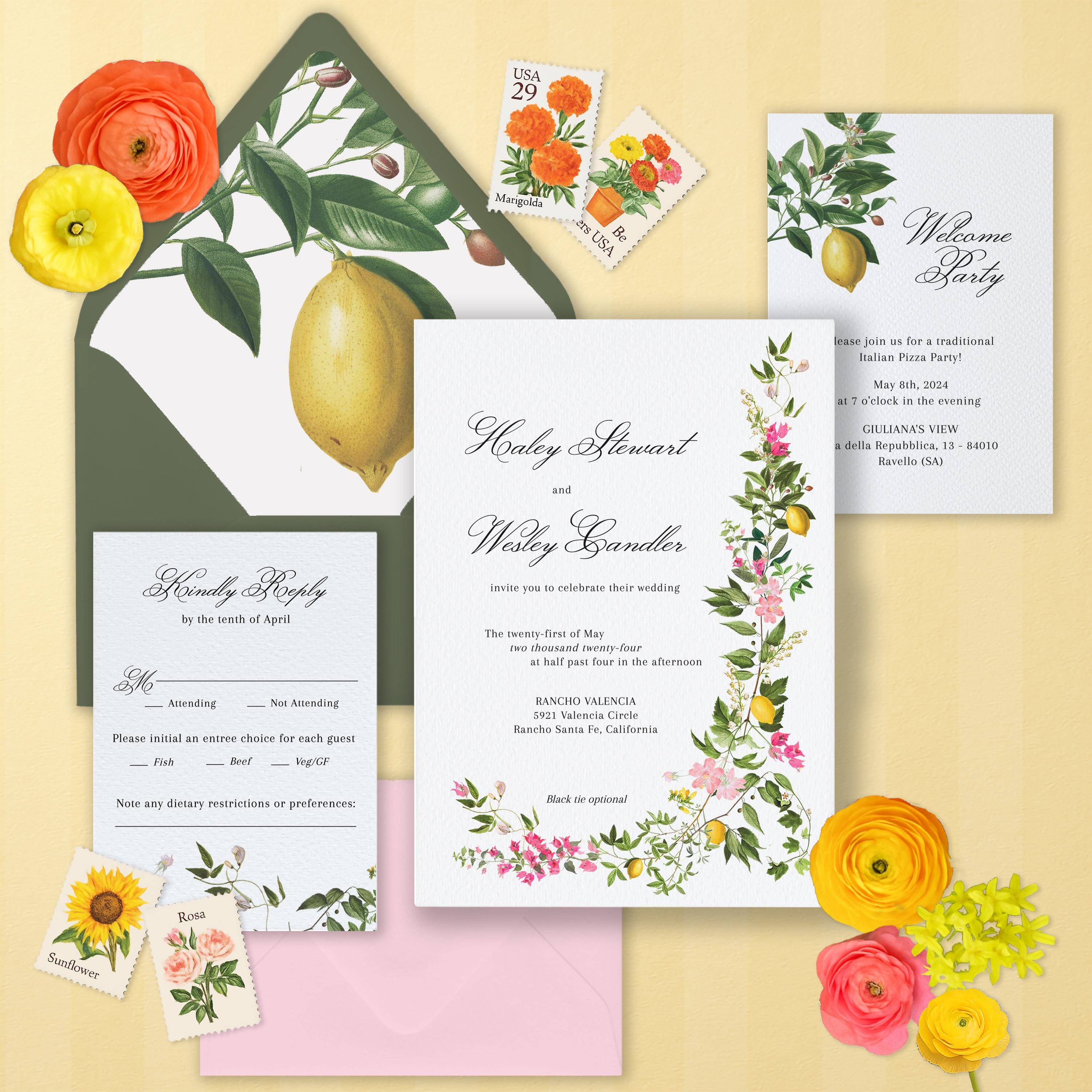 Lemon Bougainvillea Wedding Invitation Suite: Italian