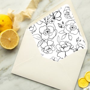 Black Floral Sketched Envelope Liner DIGITAL Template, Wedding Invitation Digital Download, DIY Envelope Liner