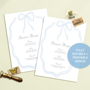 Blue Bow Wavy Squiggle Watercolor Menu Template | DIY Download printable wedding menu card