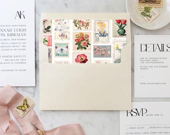 Vintage Botanical Postage, Square Liners - SET OF 25, Printed Envelope Liners for Wedding Invitations