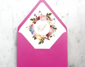 Flower Wreath Monogram - SET OF 25 Envelope Liners for Wedding Invitations
